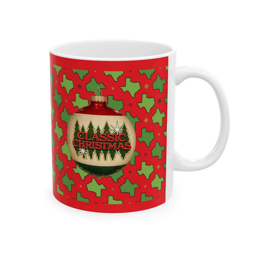 Classic Christmas |Texas Ornament Mug - Red & Green State Pattern Holiday Coffee Cup (11oz)