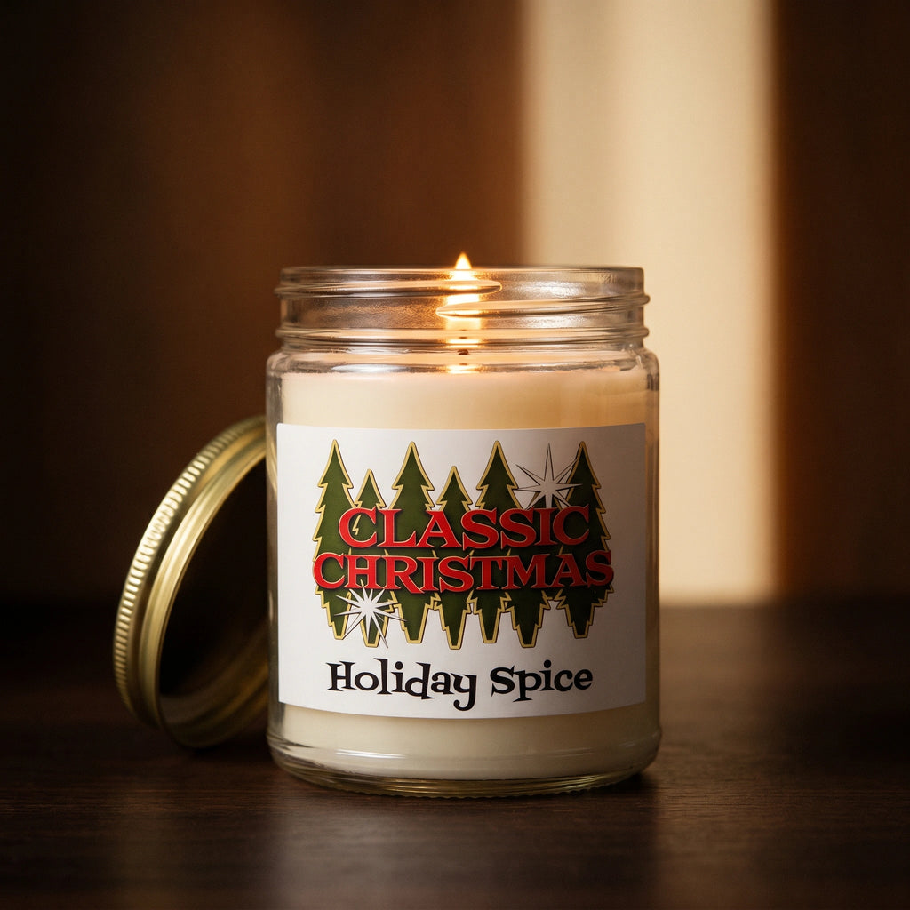 Classic Christmas Holiday Spice Candle | 9oz 100% Soy | 3"x2" Clear Jar w/ Gold Lid