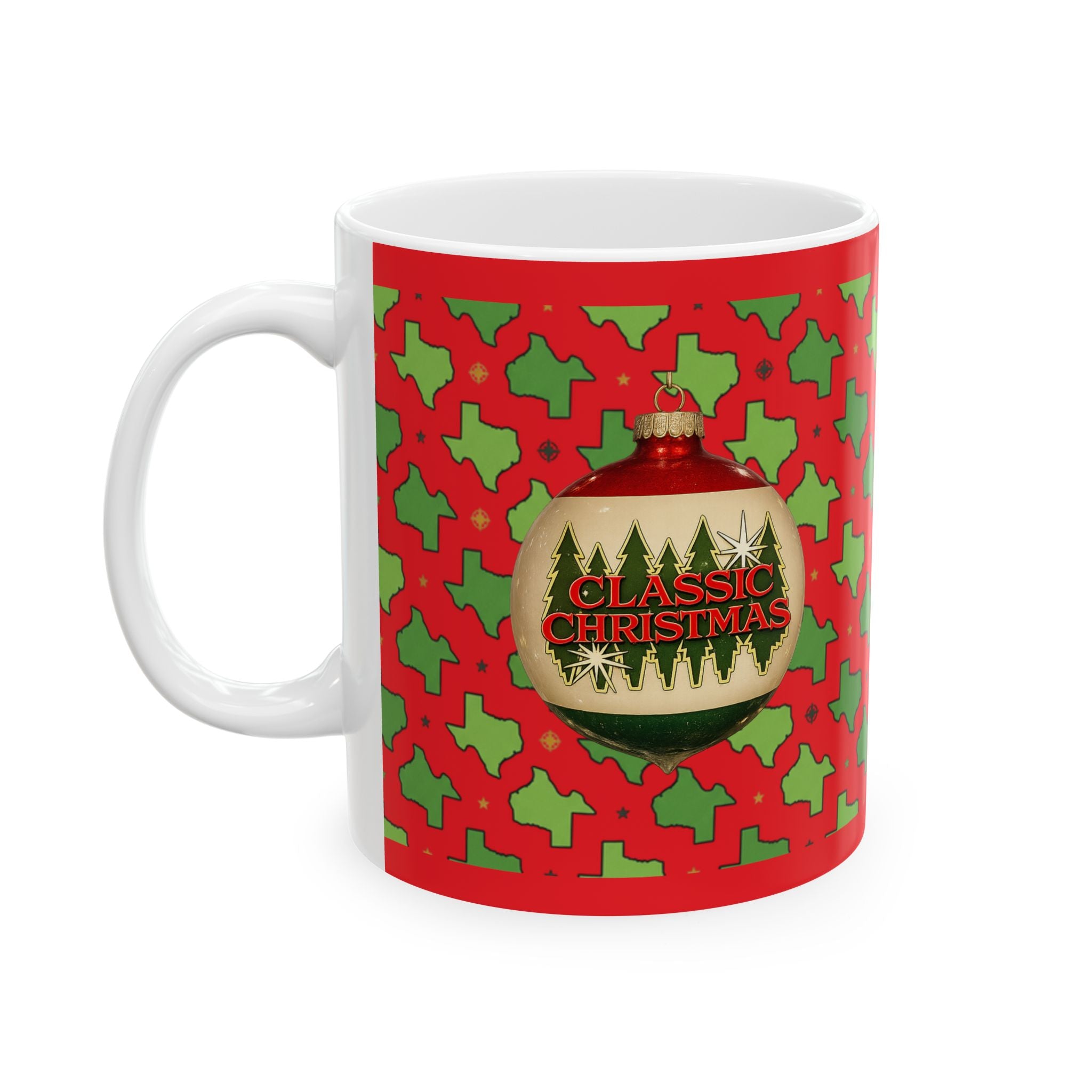 Classic Christmas |Texas Ornament Mug - Red & Green State Pattern Holiday Coffee Cup (11oz)