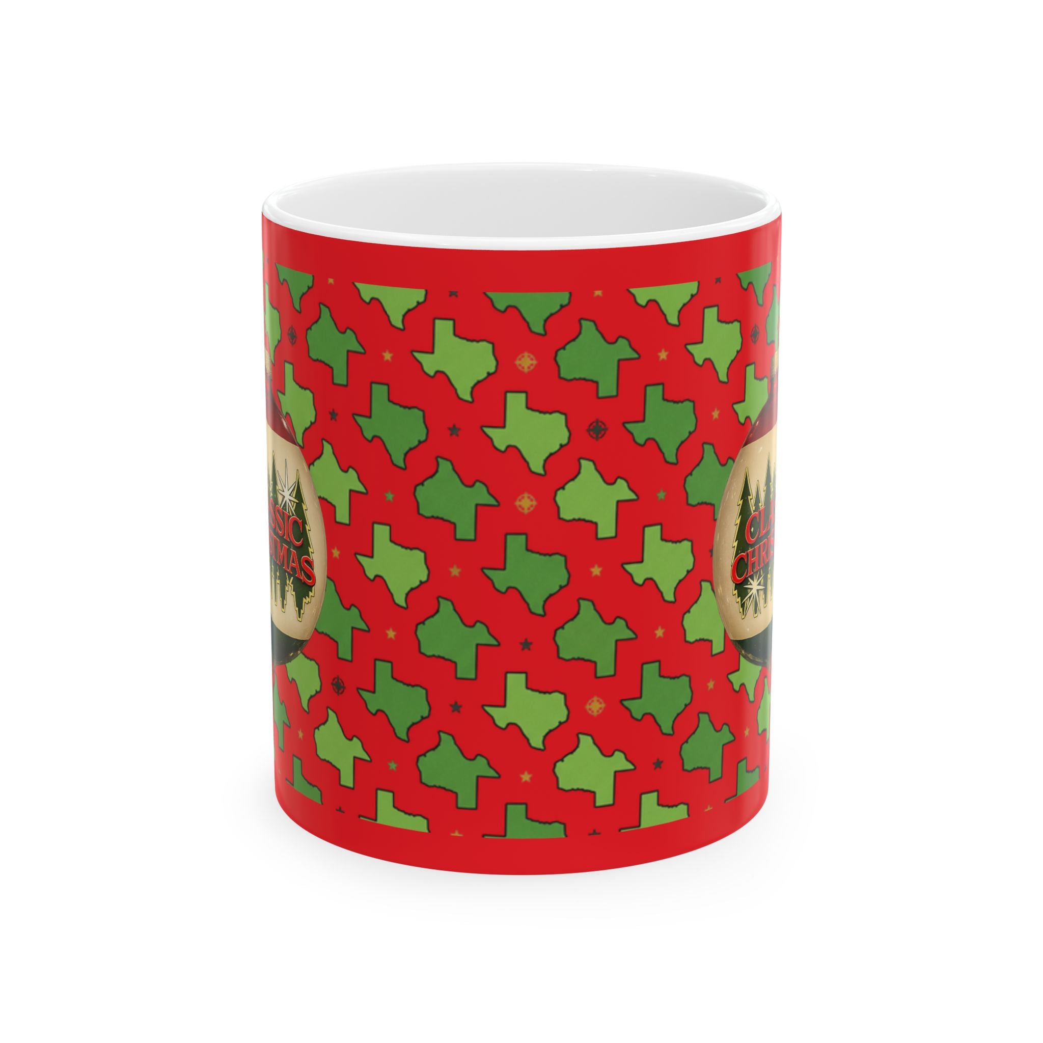 Classic Christmas |Texas Ornament Mug - Red & Green State Pattern Holiday Coffee Cup (11oz)