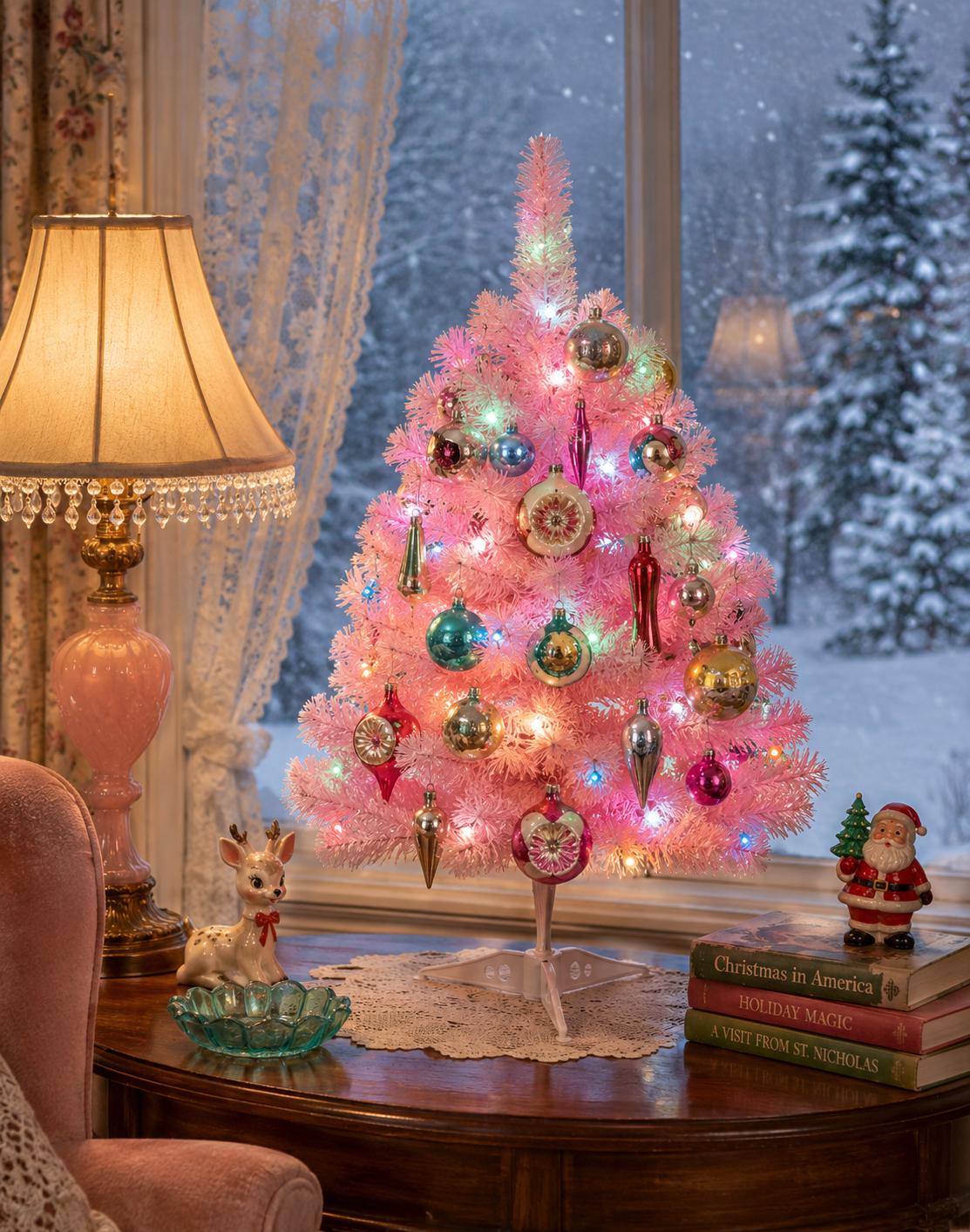 Pink Artificial Tabletop Christmas w/ Battery Operated LEDS-2FT