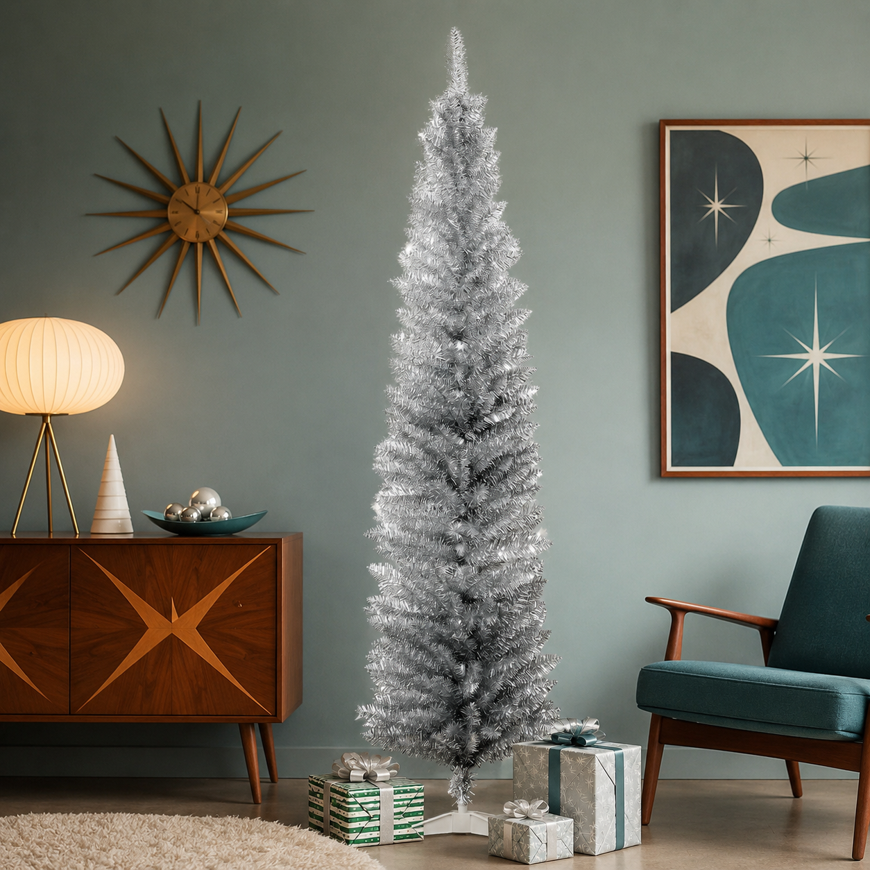 7FT Pencil Tinsel Tree | Silver