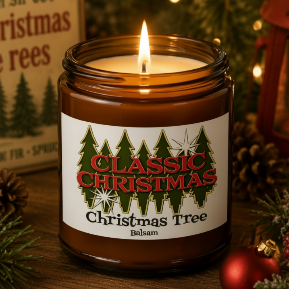 Classic Christmas Tree Balsam Candle | 100% Soy |  Amber Jar | 3"x2" 9OZ